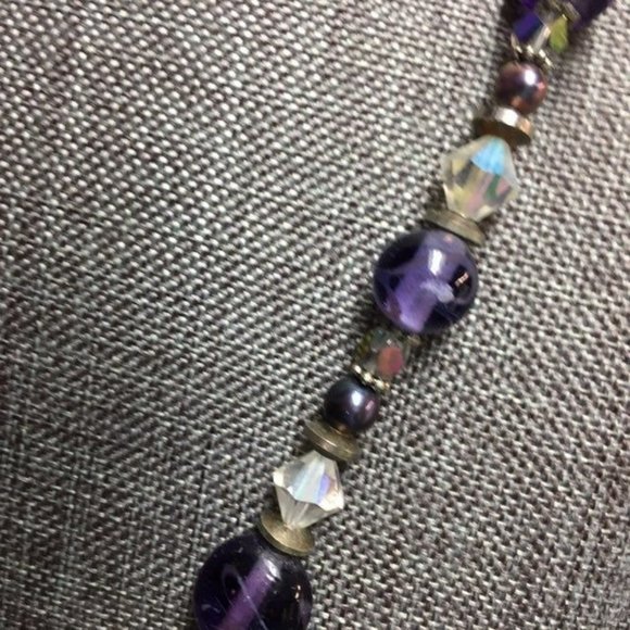 Purple Pendant Necklace Iridescent Toggle Silver Clear Faceted Retro Boho Glam - Picture 3 of 8